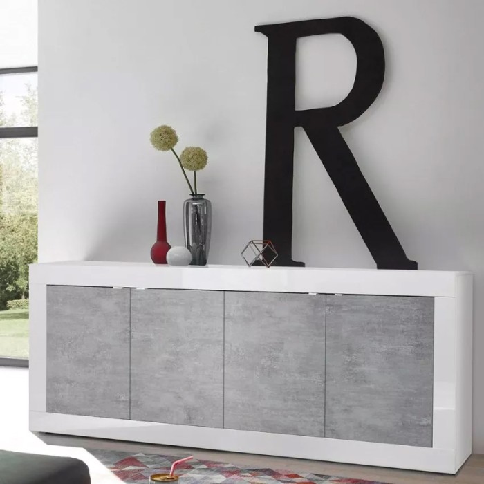 Buffet 4 deuren, collectie ISORA, glanzend wit gelakt/licht eiken, ideaal voor moderne woonkamer