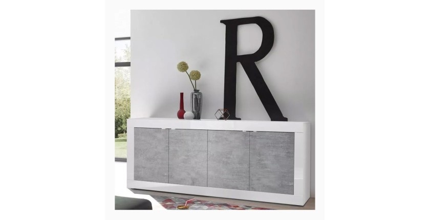 Buffet 4 portes, collection CISA, blanc laqué brillant/chêne clair, idéal pour salon moderne