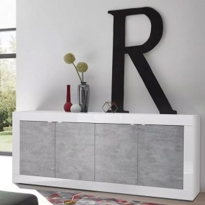 Buffet 4 portes, collection CISA, blanc laqué brillant/chêne clair, idéal pour salon moderne