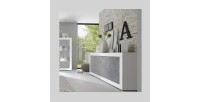 Buffet 4 portes, collection CISA, blanc laqué brillant/chêne clair, idéal pour salon moderne