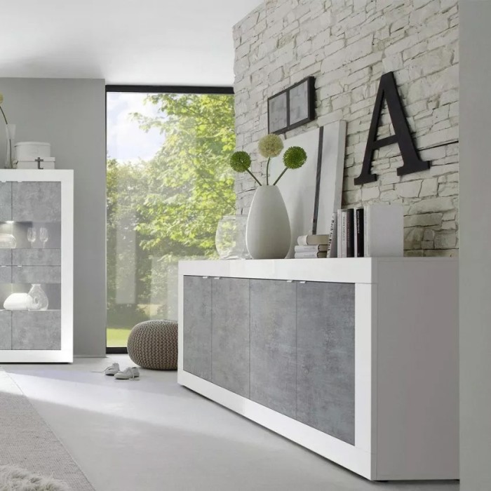 Buffet 4 deuren, collectie ISORA, glanzend wit gelakt/licht eiken, ideaal voor moderne woonkamer