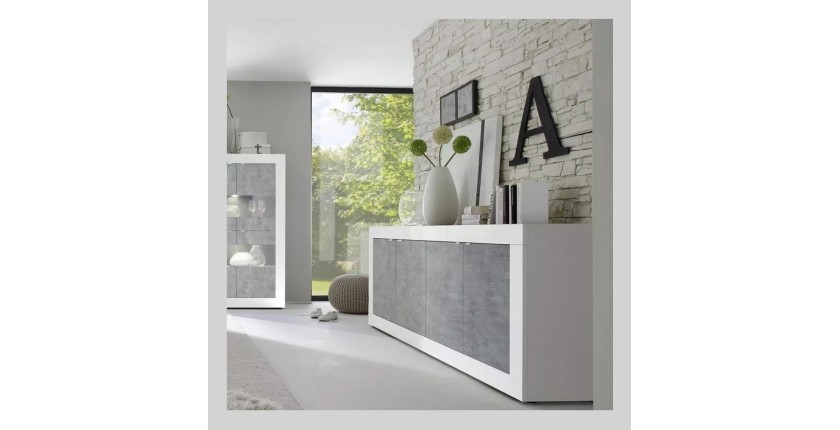 Buffet 4 portes, collection CISA, blanc laqué brillant/chêne clair, idéal pour salon moderne