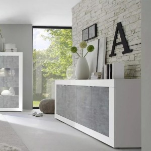 Buffet 4 portes, collection CISA, blanc laqué brillant/chêne clair, idéal pour salon moderne