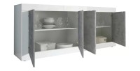 Buffet 4 portes, collection CISA, blanc laqué brillant/chêne clair, idéal pour salon moderne