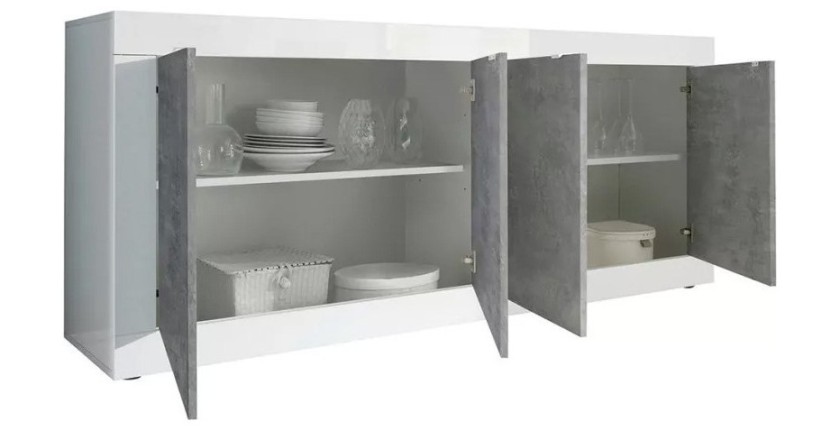 Buffet 4 portes, collection CISA, blanc laqué brillant/chêne clair, idéal pour salon moderne