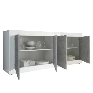 Buffet 4 portes, collection CISA, blanc laqué brillant/chêne clair, idéal pour salon moderne