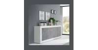 Buffet 4 portes, collection CISA, blanc laqué brillant/chêne clair, idéal pour salon moderne