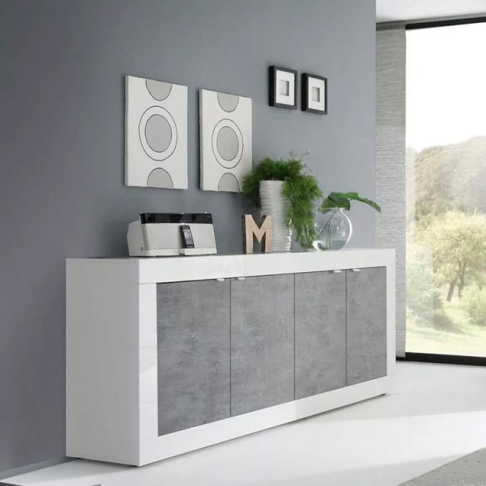 Buffet 4 deuren, collectie ISORA, glanzend wit gelakt/licht eiken, ideaal voor moderne woonkamer