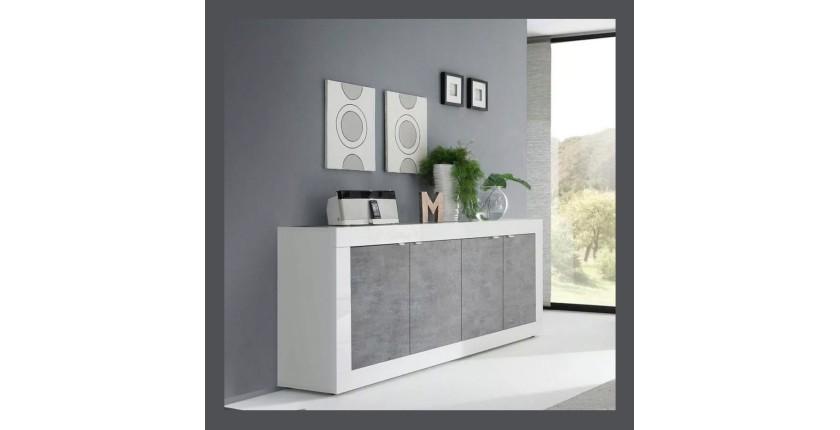 Buffet 4 portes, collection CISA, blanc laqué brillant/chêne clair, idéal pour salon moderne
