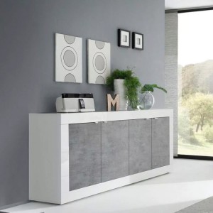 Buffet 4 portes, collection CISA, blanc laqué brillant/chêne clair, idéal pour salon moderne
