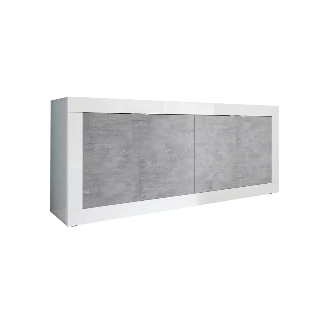 Buffet 4 portes, collection BURA, blanc laqué brillant/chêne clair, idéal pour salon moderne
