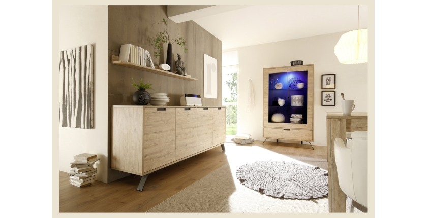 Vitrine SHOW – 2 portes en verre et 1 tiroir – Coloris chêne clair – Design moderne
