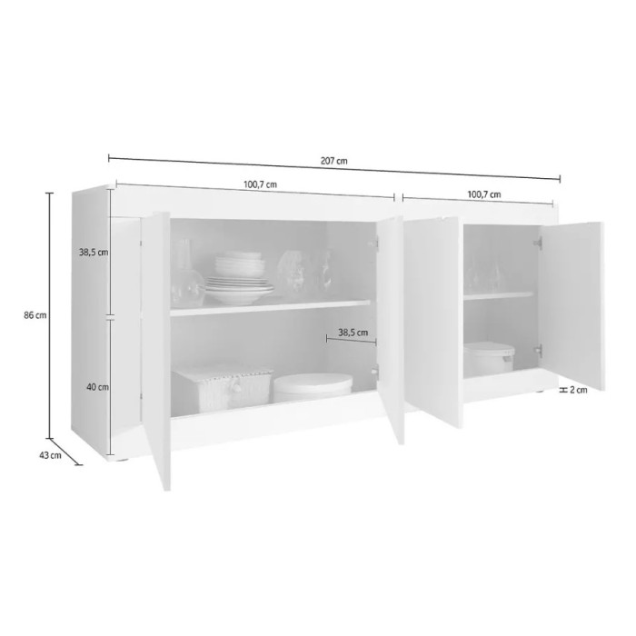 Buffet 4 deuren, collectie ISORA, kleur wit en licht eiken, ideaal voor een moderne woonkamer of eetkamer