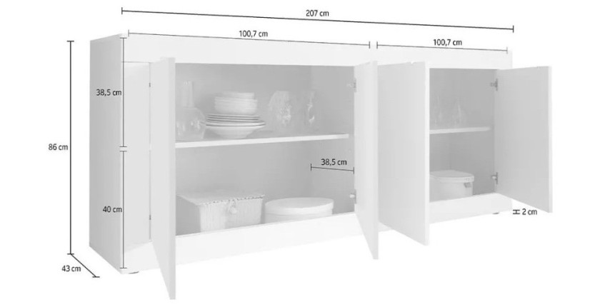 Buffet 4 portes, collection CISA, coloris blanc et chêne clair, idéal pour un salon ou une salle à manger moderne