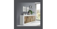 Buffet 4 portes, collection CISA, coloris blanc et chêne clair, idéal pour un salon ou une salle à manger moderne