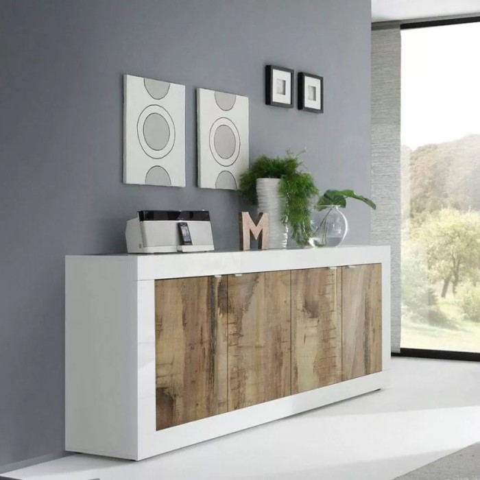 Buffet 4 deuren, collectie ISORA, kleur wit en licht eiken, ideaal voor een moderne woonkamer of eetkamer