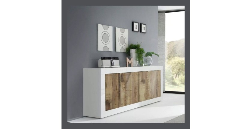 Buffet 4 portes, collection CISA, coloris blanc et chêne clair, idéal pour un salon ou une salle à manger moderne