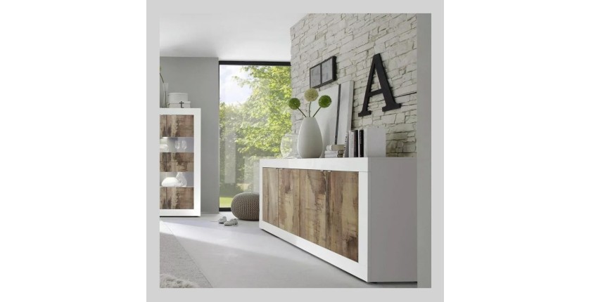 Buffet 4 portes, collection CISA, coloris blanc et chêne clair, idéal pour un salon ou une salle à manger moderne