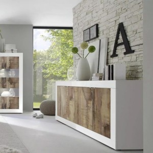 Buffet 4 portes, collection CISA, coloris blanc et chêne clair, idéal pour un salon ou une salle à manger moderne
