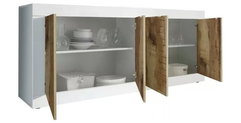 Buffet 4 portes, collection CISA, coloris blanc et chêne clair, idéal pour un salon ou une salle à manger moderne