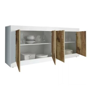 Buffet 4 portes, collection CISA, coloris blanc et chêne clair, idéal pour un salon ou une salle à manger moderne