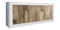 Buffet 4 portes, collection CISA, coloris blanc et chêne clair, idéal pour un salon ou une salle à manger moderne
