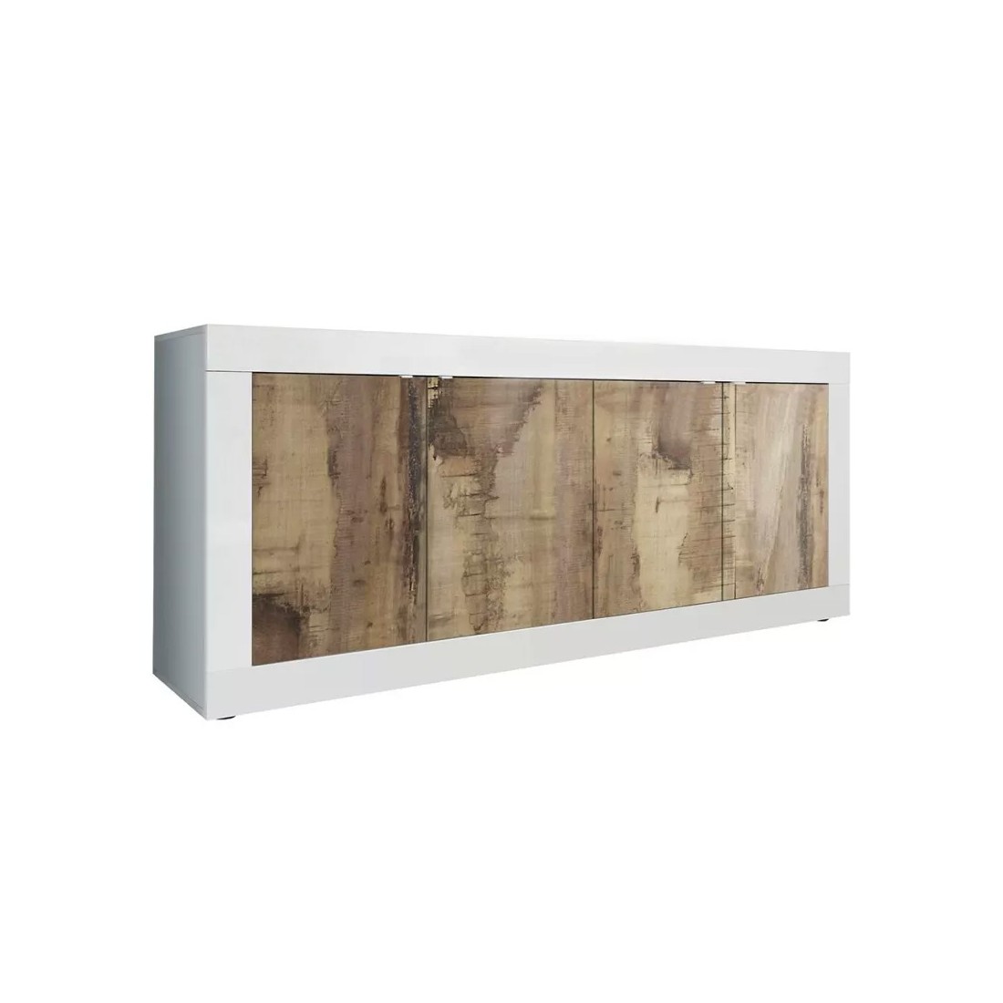 Buffet 4 portes, collection CISA, coloris blanc et chêne clair, idéal pour un salon ou une salle à manger moderne