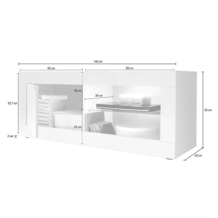 Meubel TV 1 deur, collectie ISORA, kleur hoogglans wit en grijs betoneffect