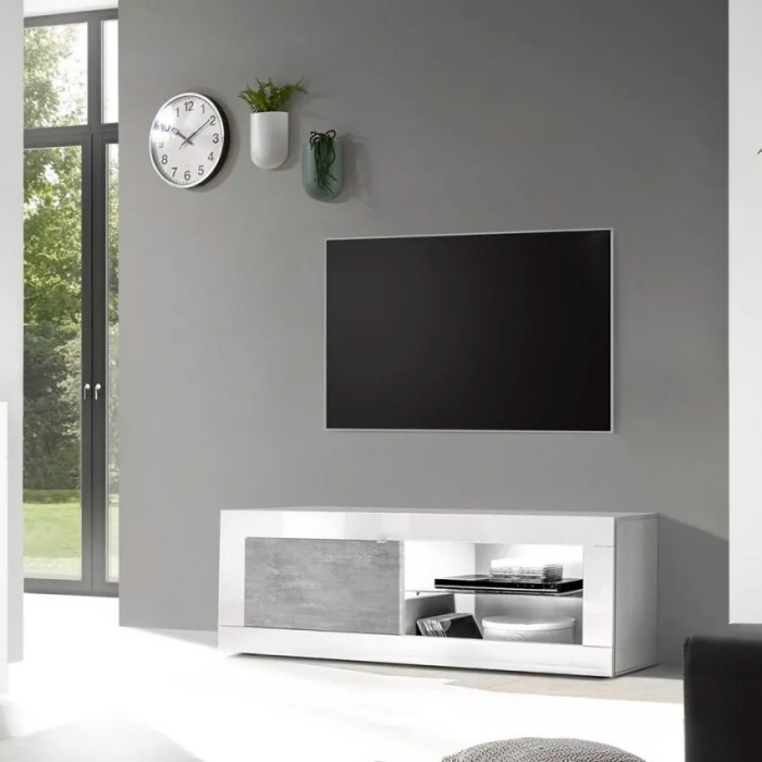 Meubel TV 1 deur, collectie ISORA, kleur hoogglans wit en grijs betoneffect