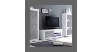 Meuble TV 1 porte, collection CISA, coloris blanc laqué brillant et gris effet béton