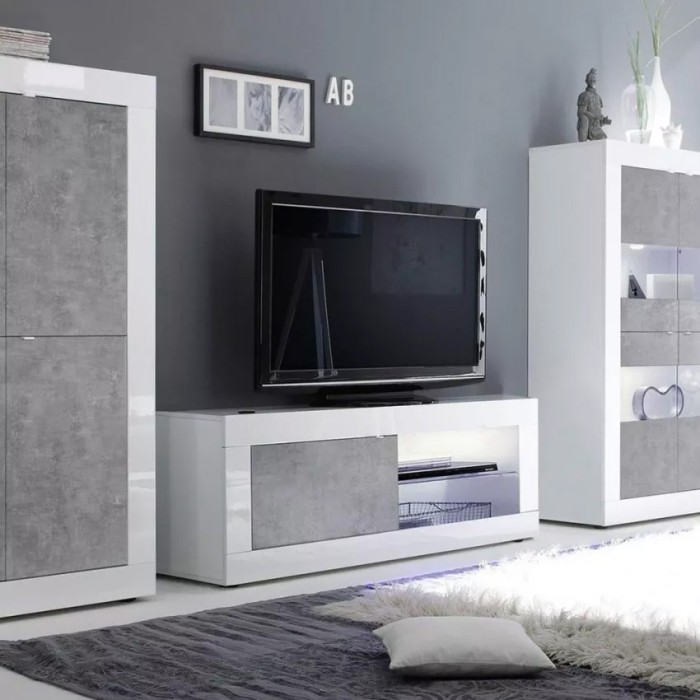Meubel TV 1 deur, collectie ISORA, kleur hoogglans wit en grijs betoneffect