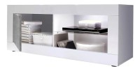 Meuble TV 1 porte, collection CISA, coloris blanc laqué brillant et gris effet béton