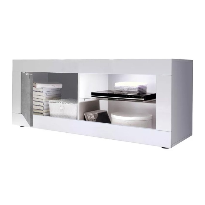 Meubel TV 1 deur, collectie ISORA, kleur hoogglans wit en grijs betoneffect