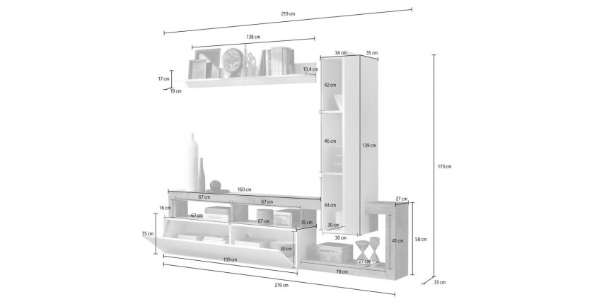 Set di mobili da soggiorno con contenitori 220 cm, collezione BURA, bianco lucido/grigio antracite