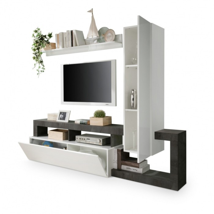 Wohnzimmermöbel-Set mit Aufbewahrung 220 cm, Kollektion BURA, weiß lackiert/anthrazitgrau