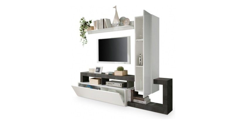 Ensemble meubles salon avec rangements 220 cm, collection BURA, blanc laqué/gris anthracite