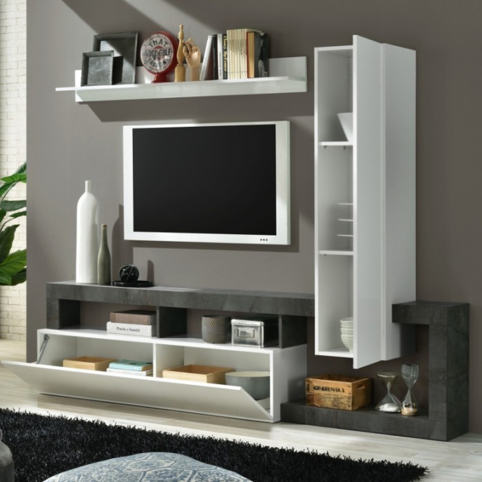 Wohnzimmermöbel-Set mit Aufbewahrung 220 cm, Kollektion BURA, weiß lackiert/anthrazitgrau