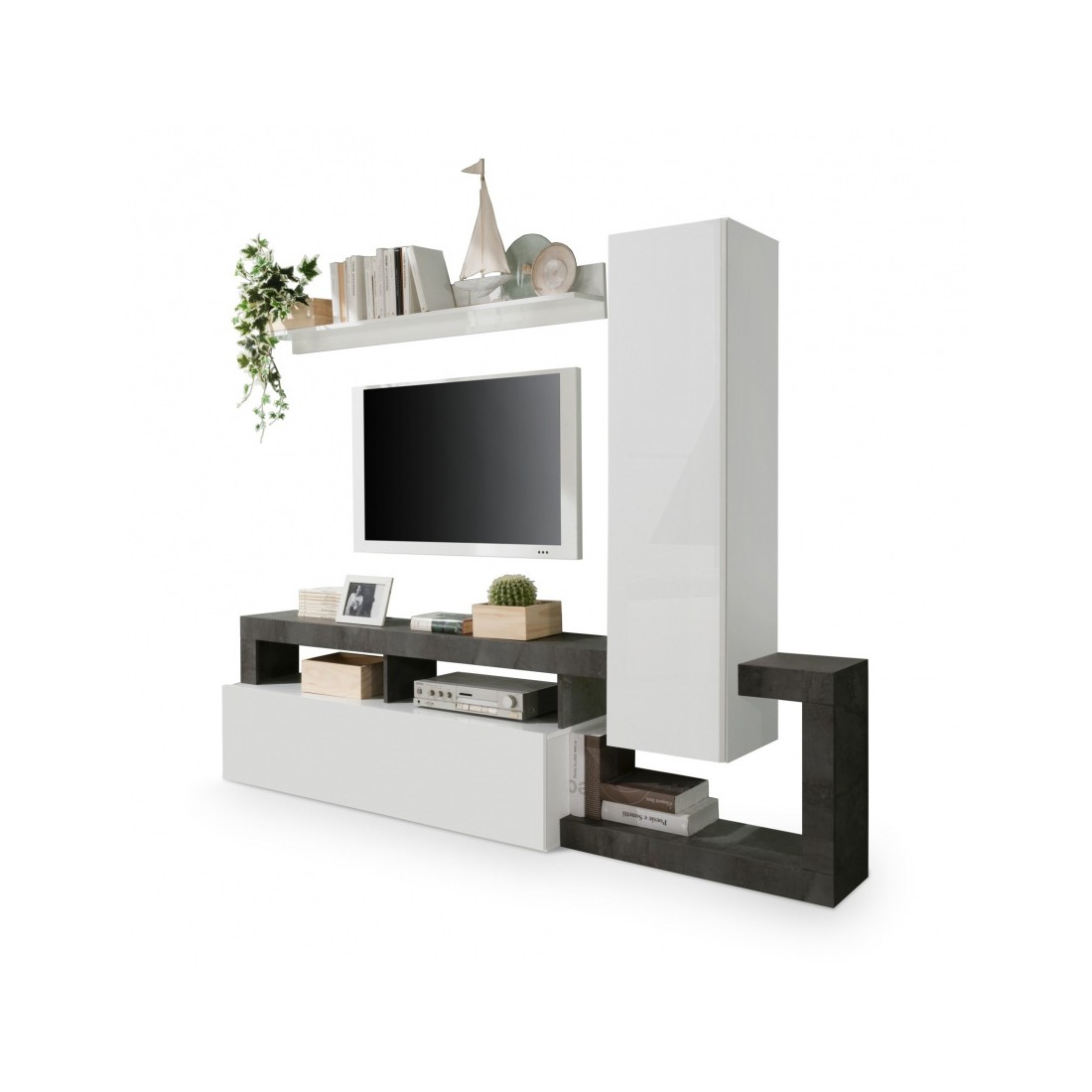 Ensemble meubles salon avec rangements 220 cm, collection BURA, blanc laqué/gris anthracite