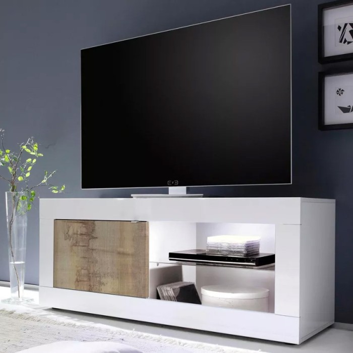 Möbel TV 1 Tür, Kollektion ISORA, Farbe glänzend weiß lackiert und helles Eichenholz