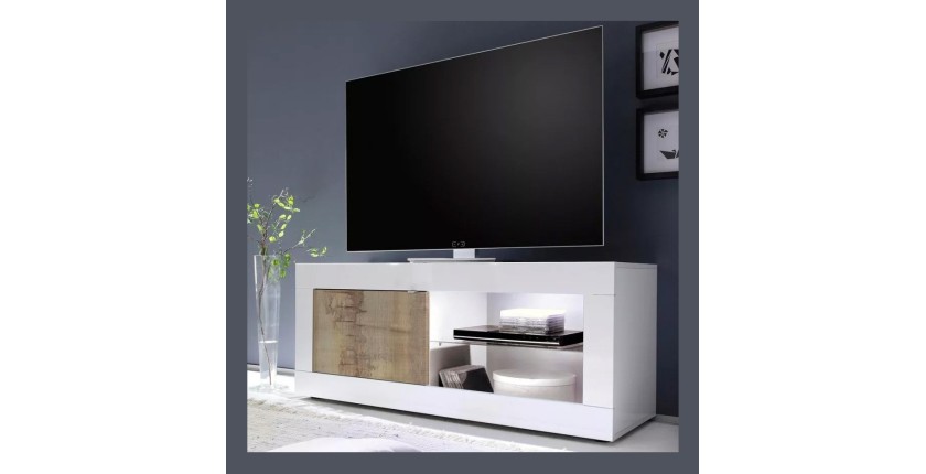 Meuble TV 1 porte, collection CISA, coloris blanc laqué brillant et chêne clair