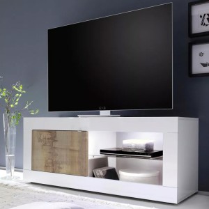Meuble TV 1 porte, collection CISA, coloris blanc laqué brillant et chêne clair