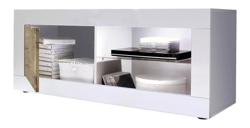 Meuble TV 1 porte, collection CISA, coloris blanc laqué brillant et chêne clair