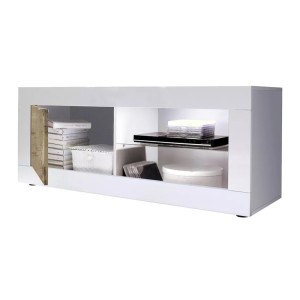 Meuble TV 1 porte, collection CISA, coloris blanc laqué brillant et chêne clair