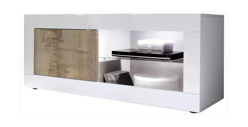 Meuble TV 1 porte, collection CISA, coloris blanc laqué brillant et chêne clair