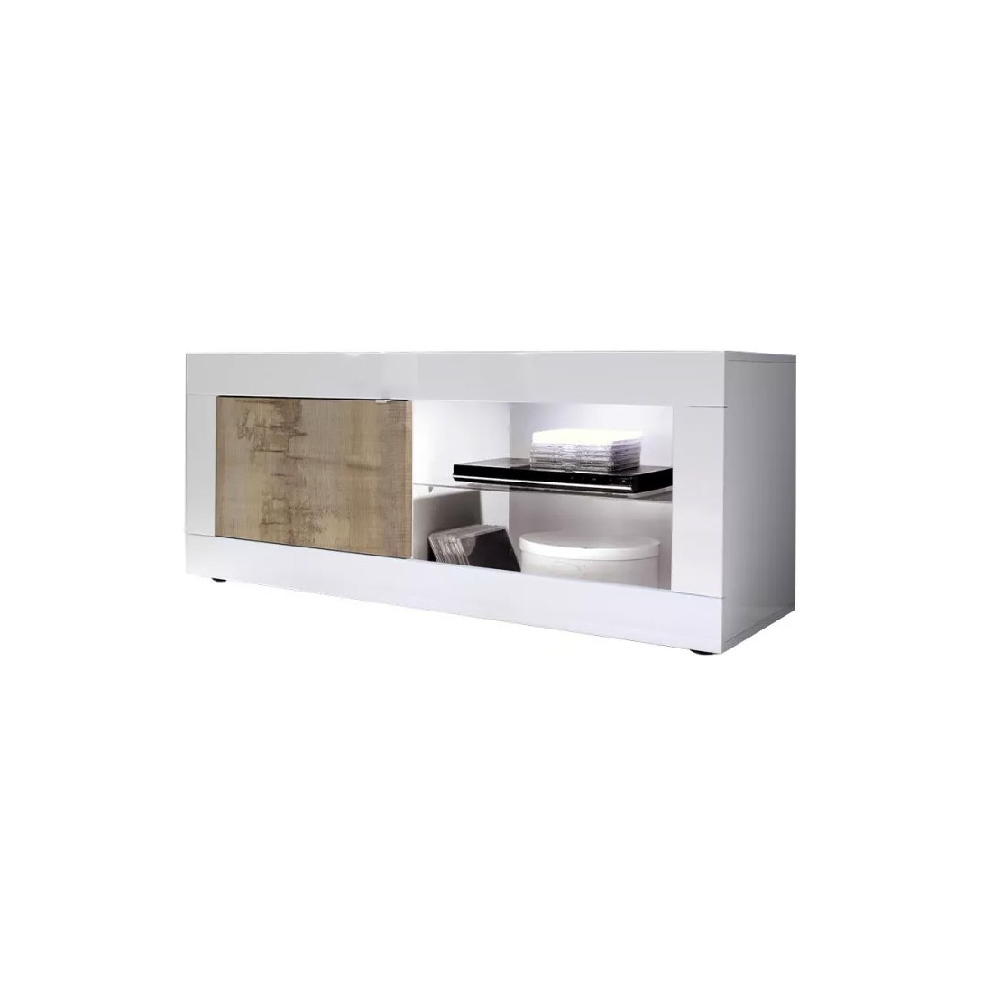 Meuble TV 1 porte, collection CISA, coloris blanc laqué brillant et chêne clair