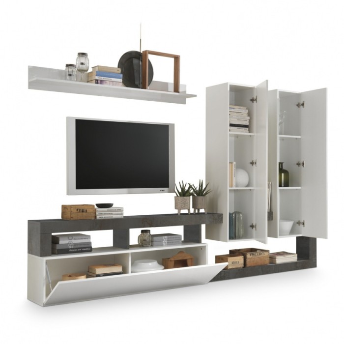 Conjunto de muebles de salón con almacenamiento, colección BURA, blanco lacado/gris antracita