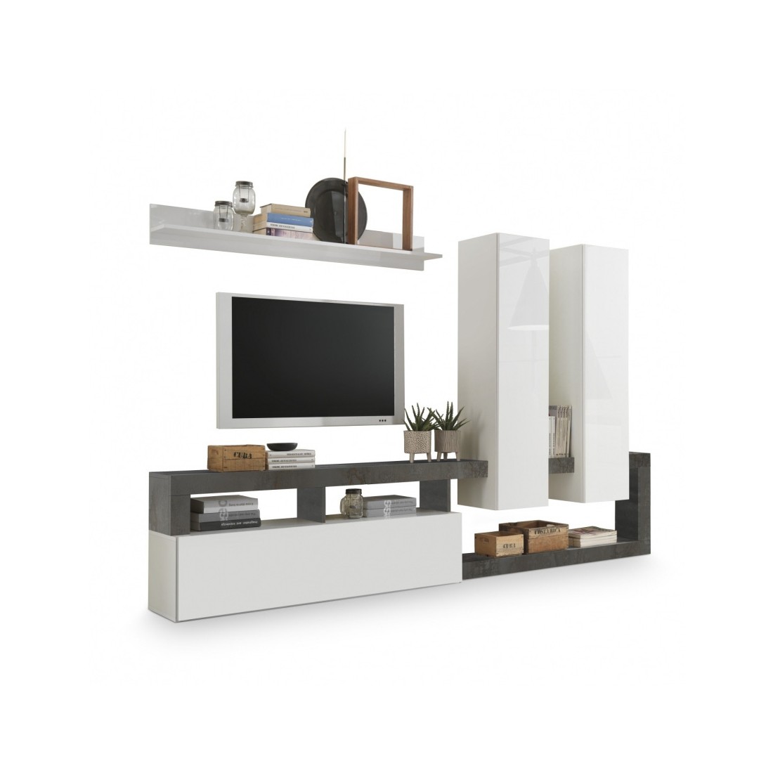 Ensemble meubles salon avec rangements, collection BURA, blanc laqué/gris anthracite