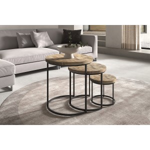 Table d'appoint gigogne ronde en bois massif collection OIKOS. Meuble style industriel