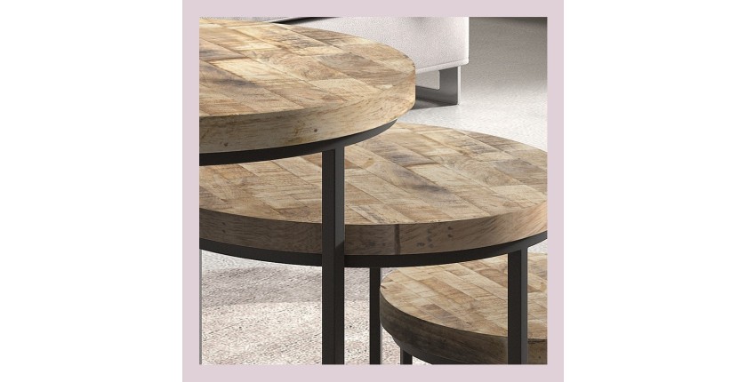 Table d'appoint gigogne ronde en bois massif collection OIKOS. Meuble style industriel