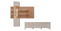 Composition murale Velora (Beige & Chêne) – Panneau mural, meuble vitré LED et meuble TV